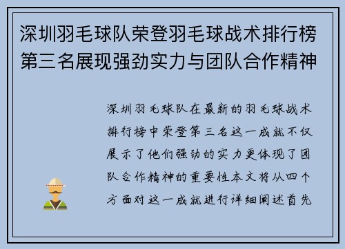 深圳羽毛球队荣登羽毛球战术排行榜第三名展现强劲实力与团队合作精神